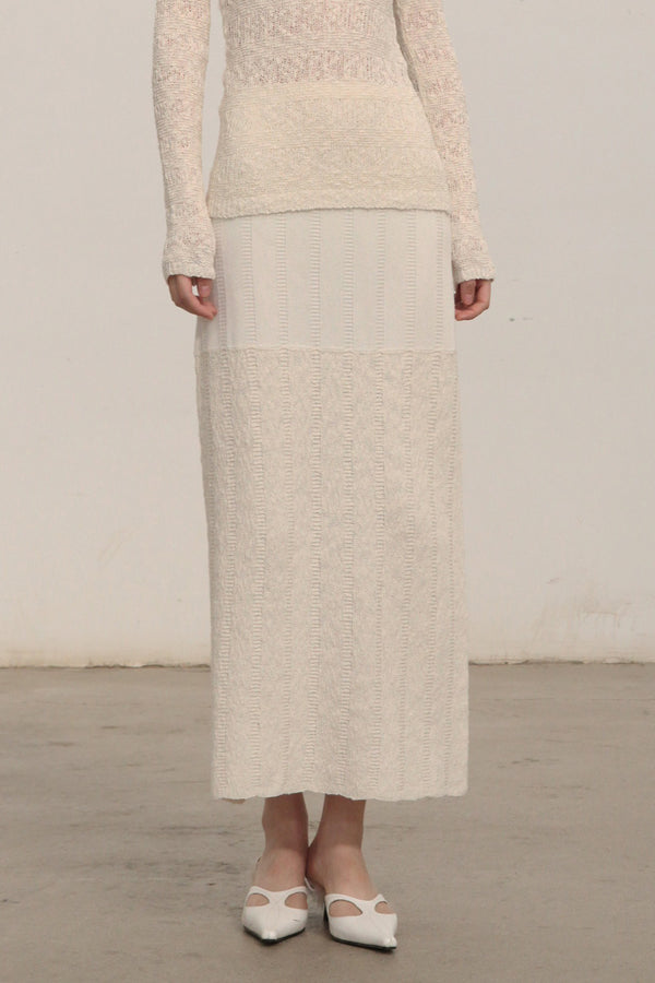 SWAYING/KNIT patchwork striped long skirt SW23AW3B09 white